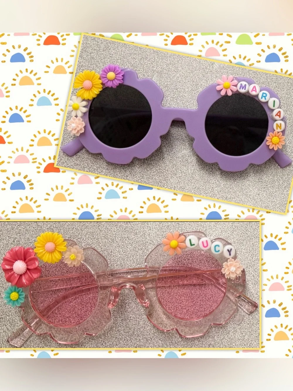 Pink Floral Scalloped Round Sunglasses - Personalized Beaded Detail